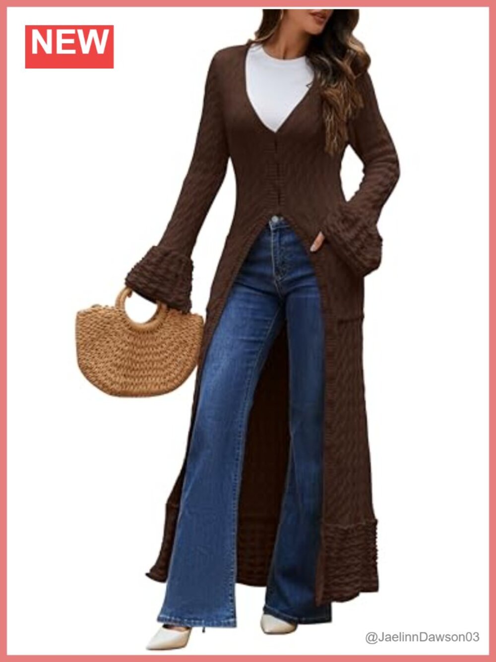 Chunky Cable Knit Maxi Cardigan Button Down Bell Sleeve Ruffle Hem Women